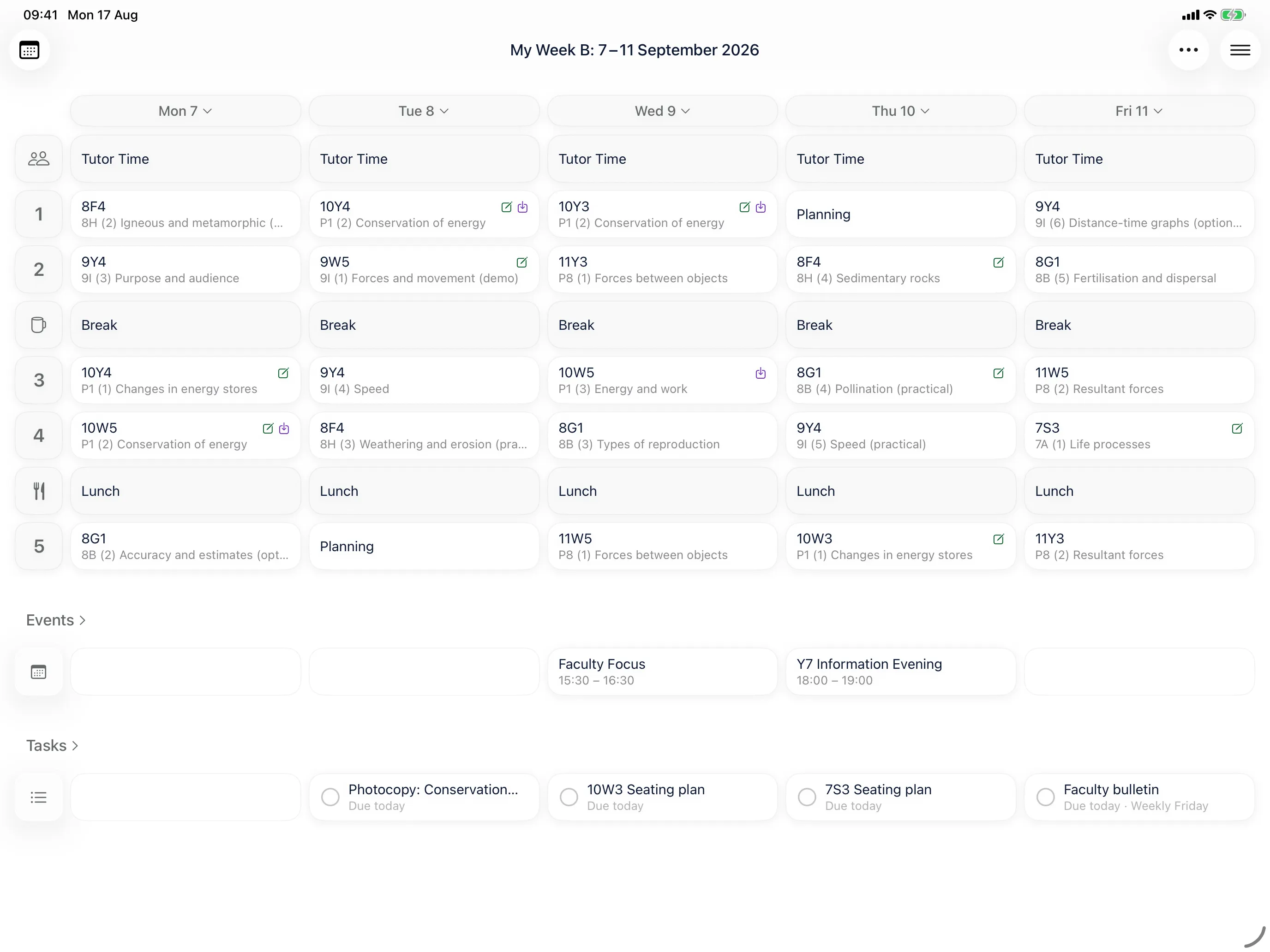Skeme's week view on iPad, showing a teacher's timetable with lessons, breaks and lunch laid out across Monday to Friday.