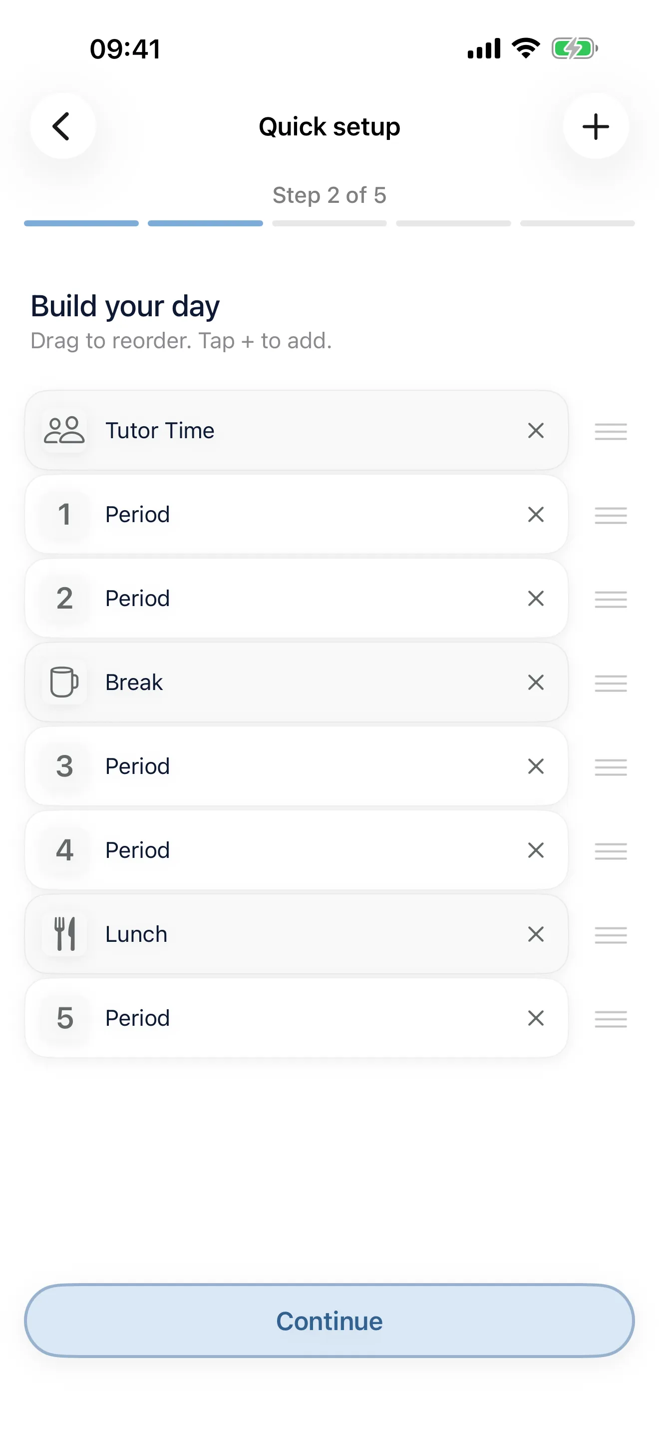 Skeme's quick setup on iPhone, step 2 of 5: a day being built from Tutor Time, five numbered periods, a break and lunch, each row draggable.
