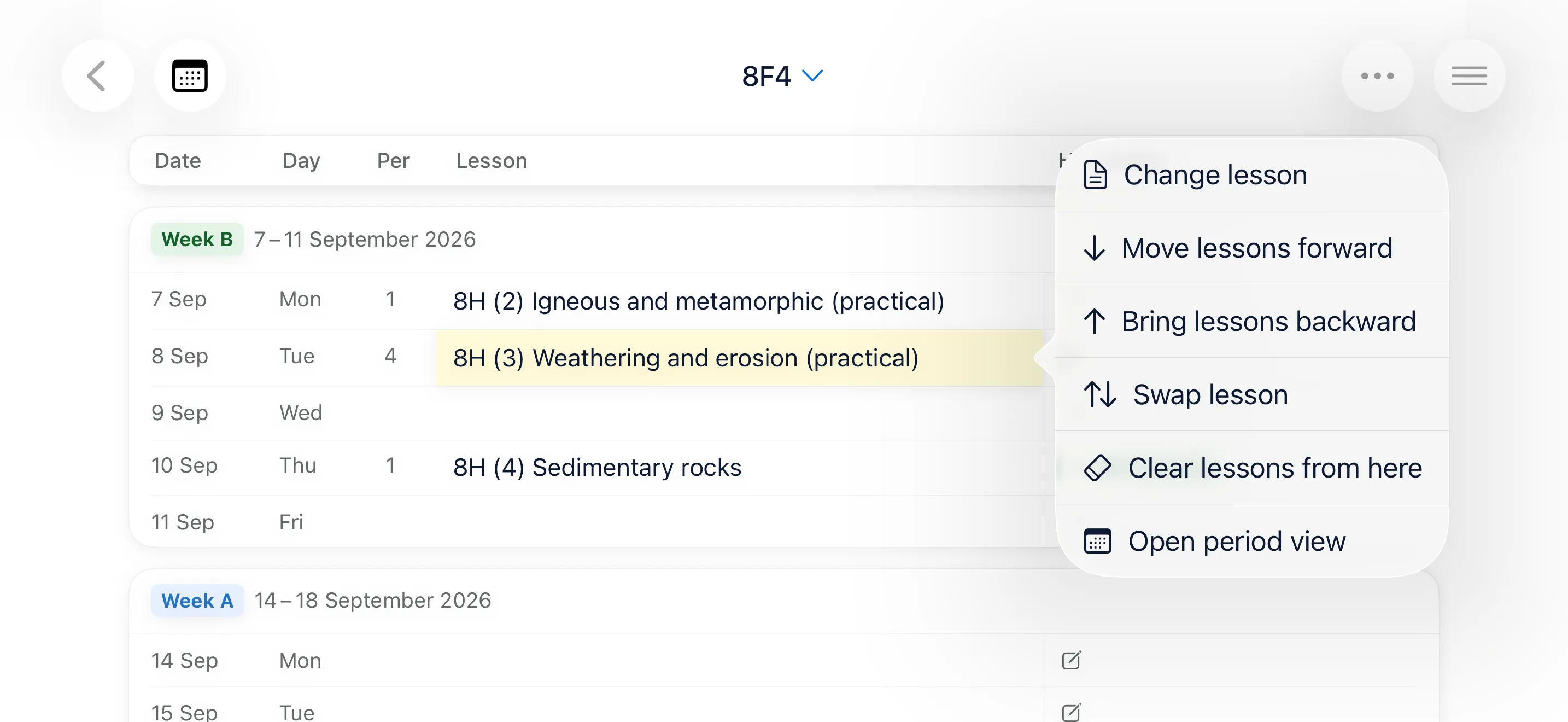 A class's lesson sequence in Skeme with a menu open over it, offering Change lesson, Move lessons forward, Bring lessons backward, Swap lesson and Clear lessons from here.