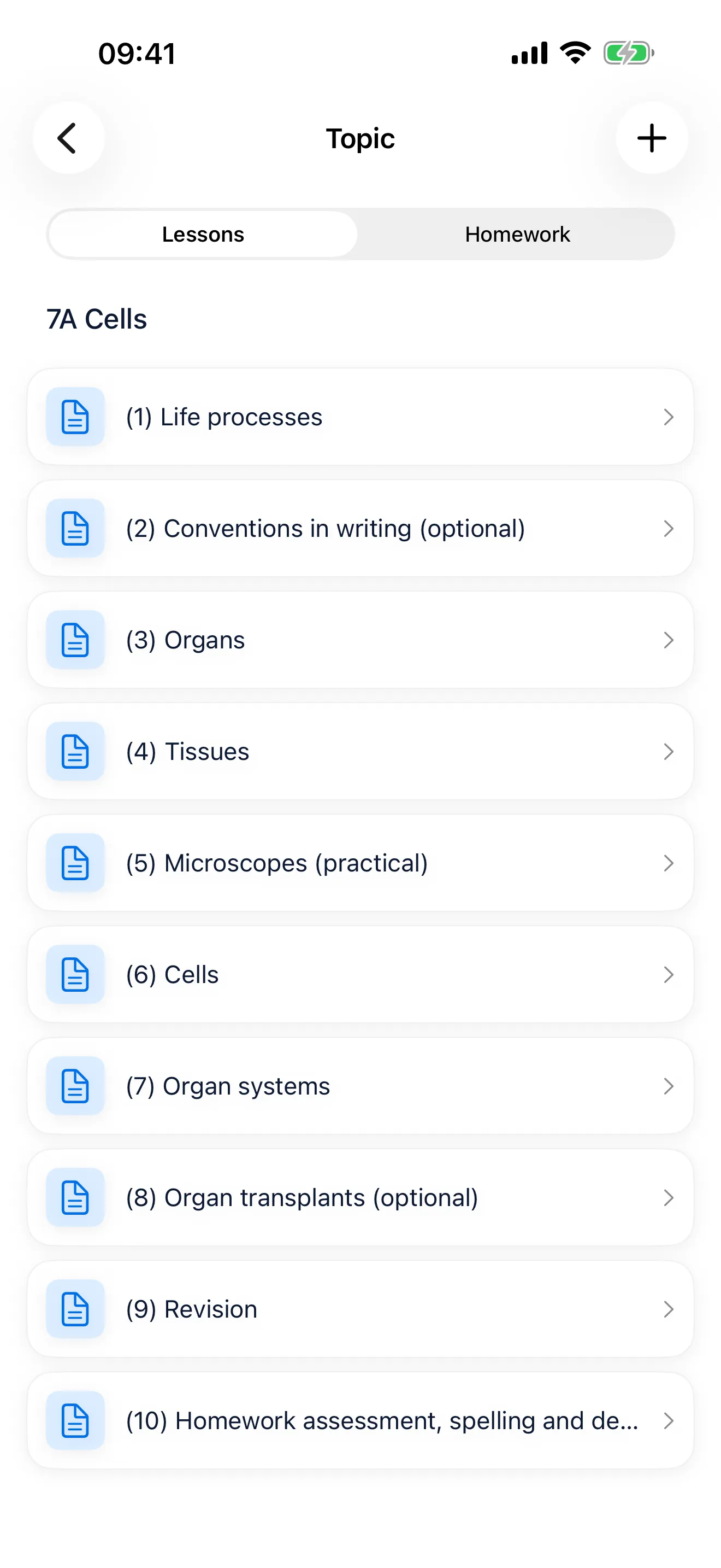 A topic in Skeme on iPhone, listing its lessons in teaching order from Life processes through to Revision.